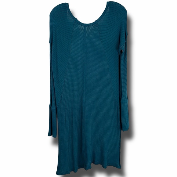 Free People Drippy Ventura Teal Green Long Sleeve Scoop Neck Waffle Henley Tunic - Picture 4 of 7
